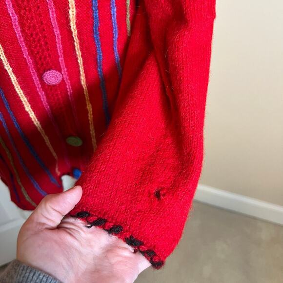 Handmade Peruvian 100% Alpaca Wool Sweater Art to Wear Red Multi Color Stripe - Picture 6 of 9
